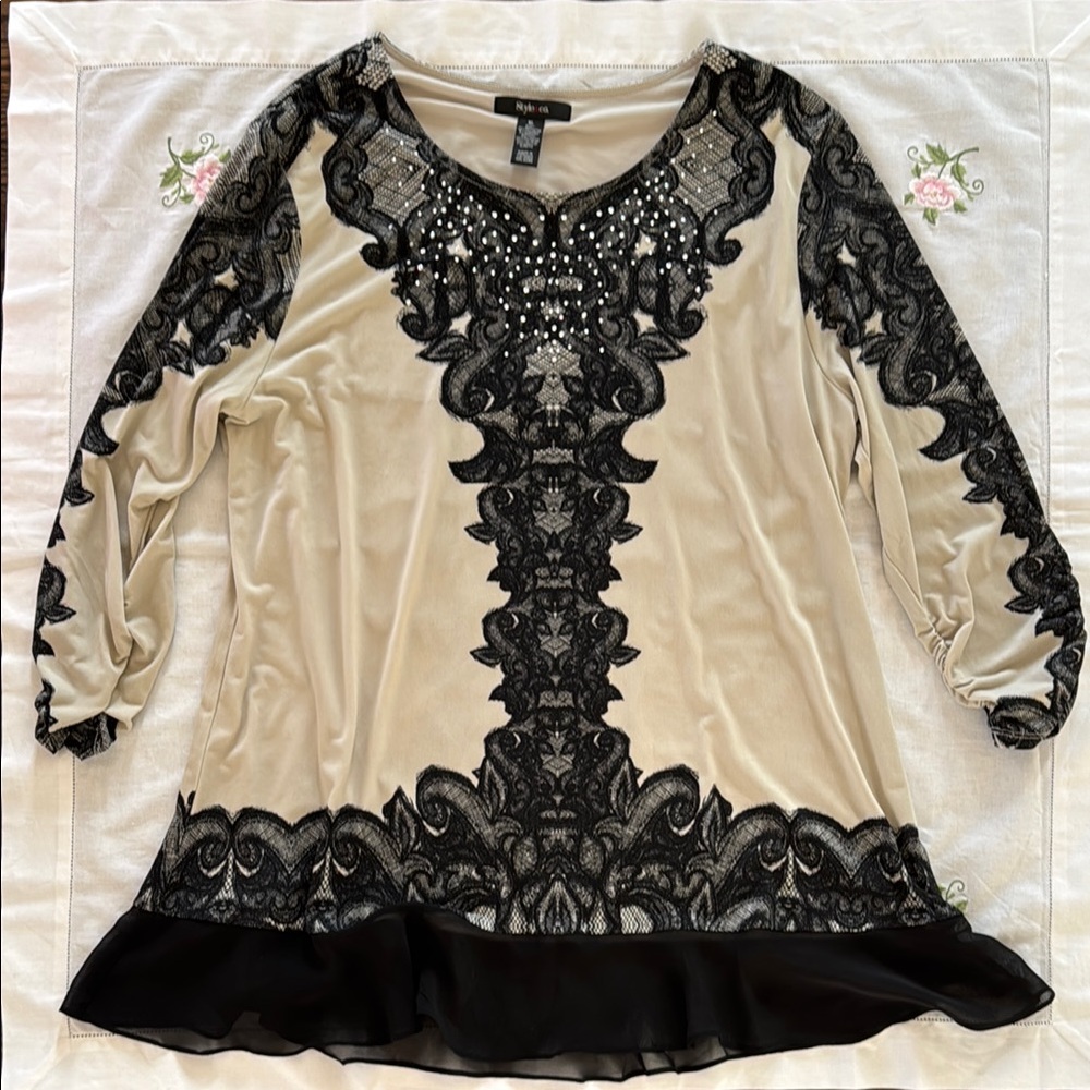 Style & Co Cream Ruffled 3/4 Sleeve Tunic
